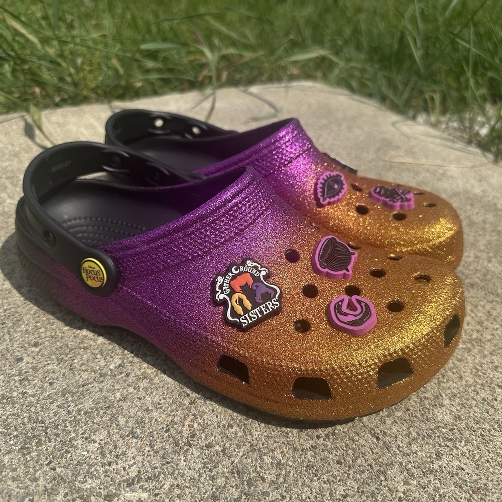 Crocs Disney Hocus Pocus W6 M4 Glitter Halloween Clogs Orange Purple Spooky